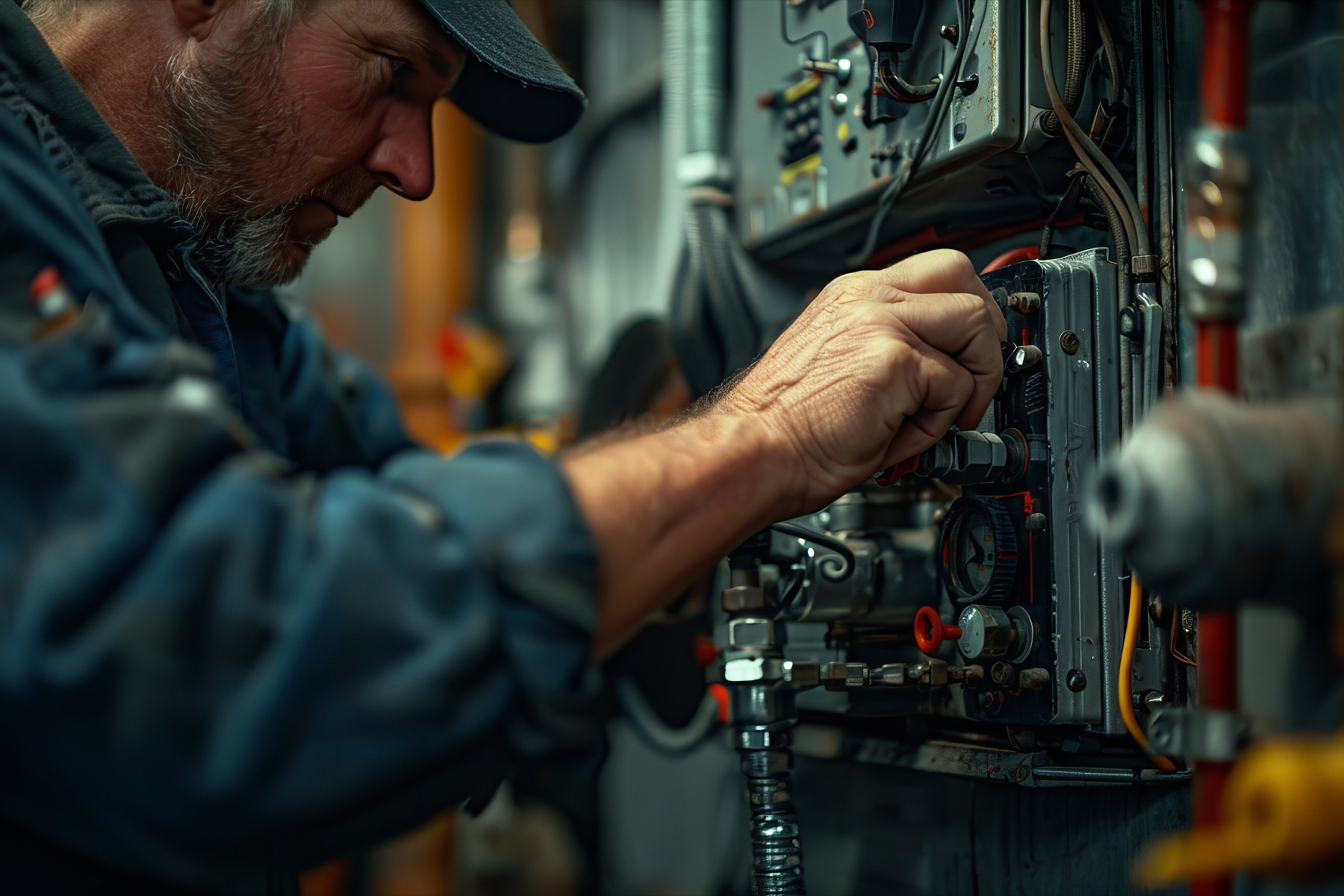 Engineer servicing boiler internals