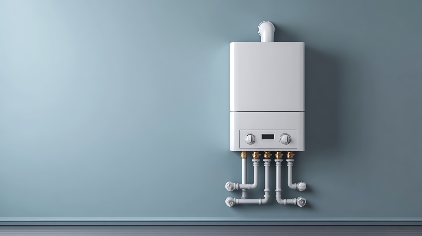 Compact wall-mounted gas boiler with pipes