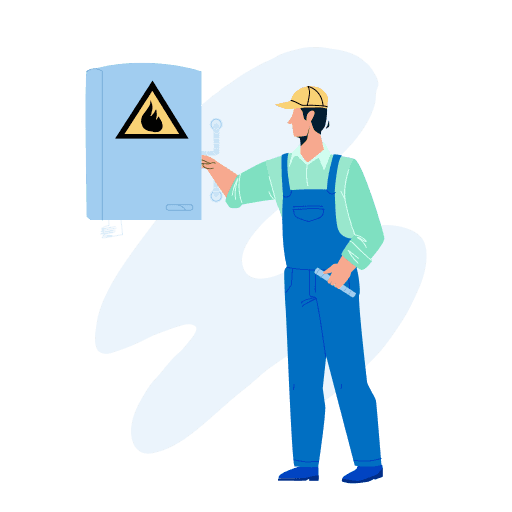 An illustration of a gas engineer inspecting a heating system installation