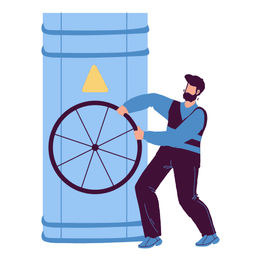 An illustration of an engineer conducting a heat pump installation, turning a large wheel